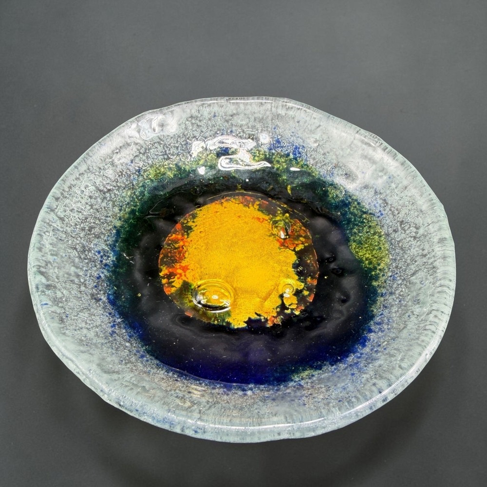 Handmade Fused Glass Bowl Dish Blue Yellow Green Celestial Art Glass Catchall
